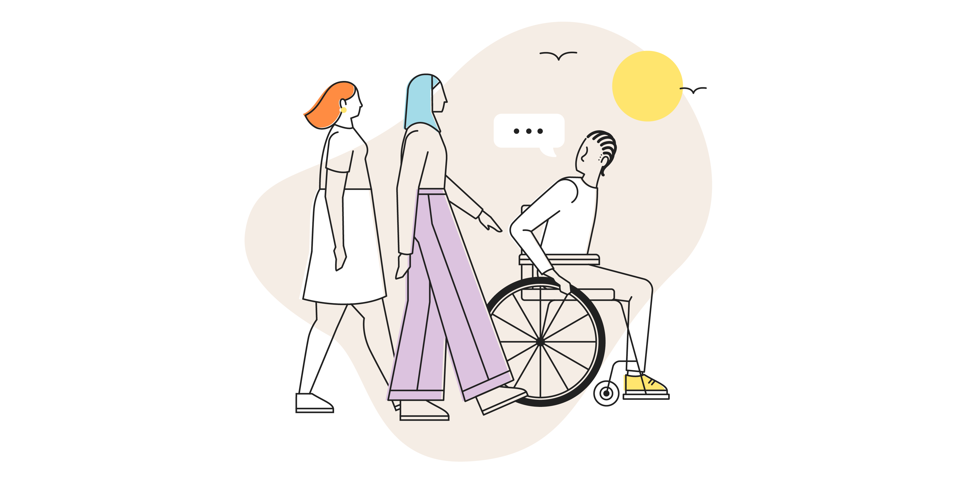 Illustration of 3 people outdoors chatting. 2 people are walking and one is in a wheelchair