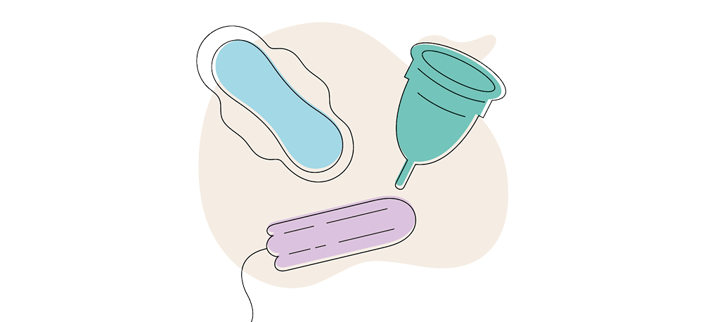 Illustration of a collection of menstrual products - a sanitary pad, tampon and mooncup.