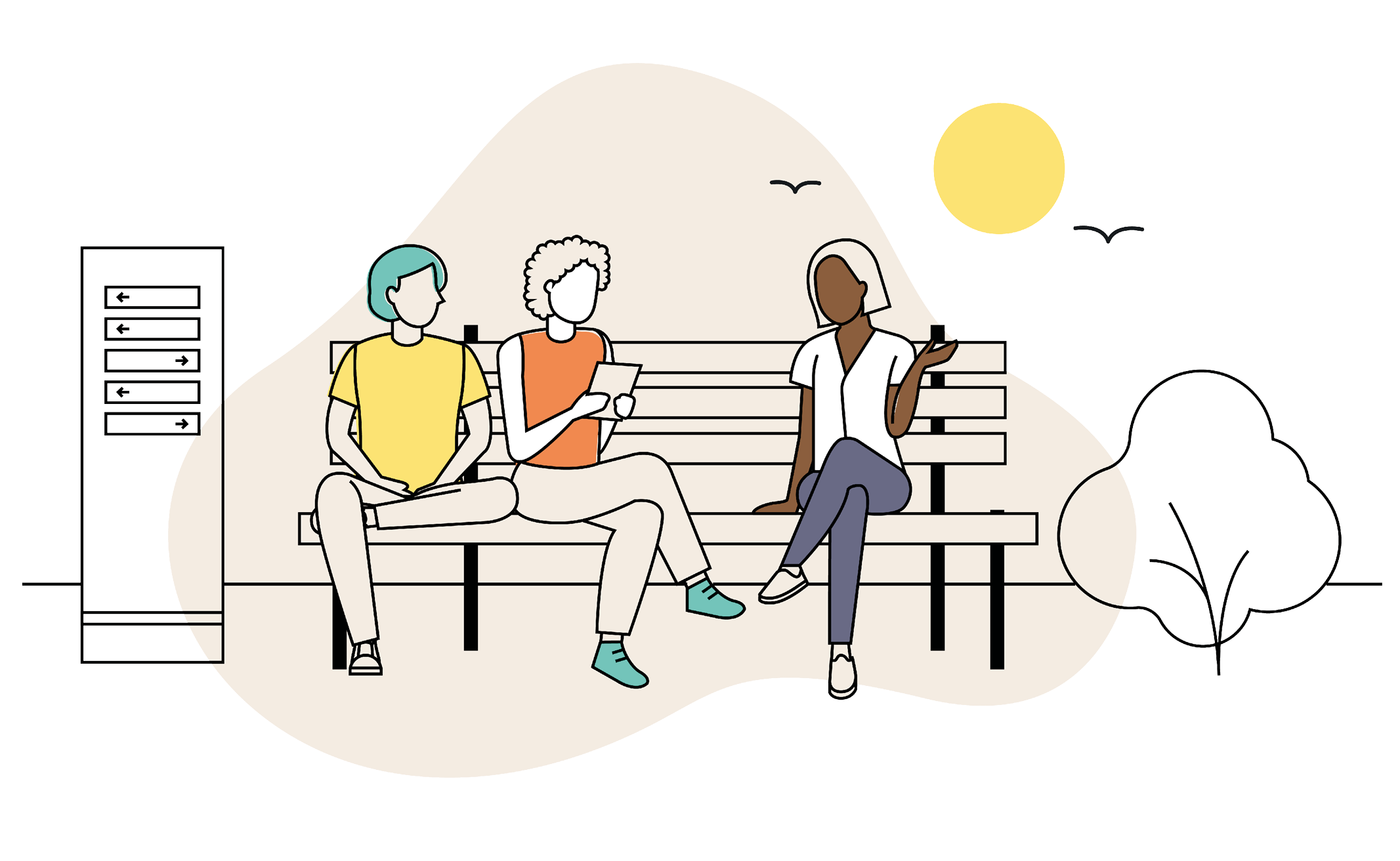 Illustration of a 3 people, sat on a bench talking