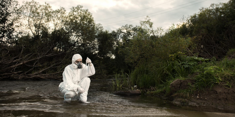 Scientist working alone in the field testing water in a stream