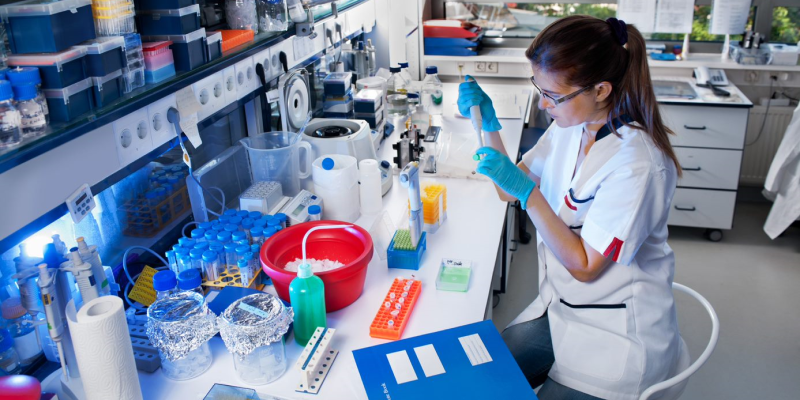 Researcher working on a lab bench