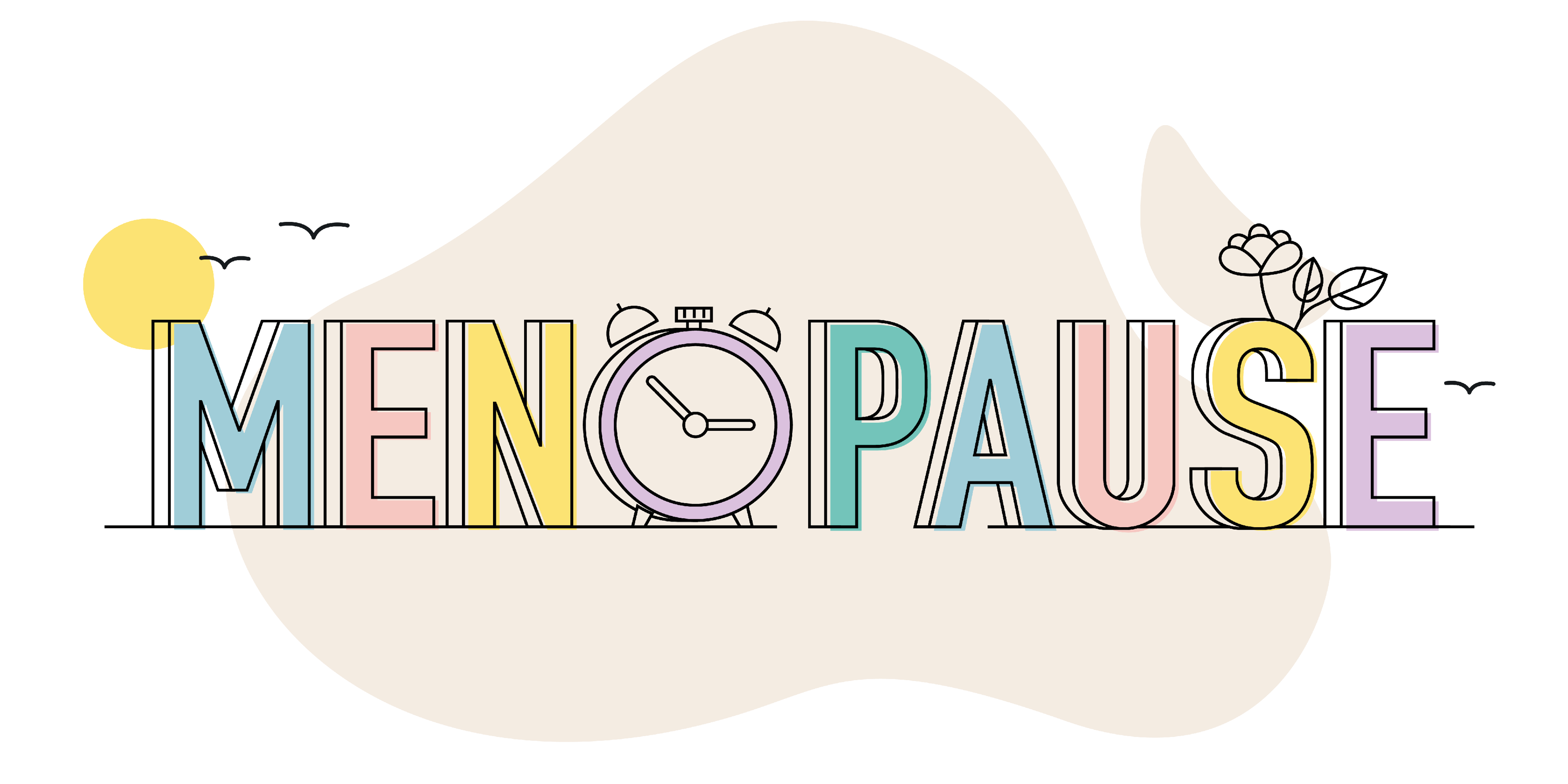 Illustrative text of the word Menopause. The O is shown as a clock
