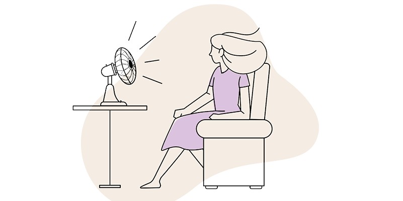 Illustrations of a woman sat infront of an electric fan cooling down.