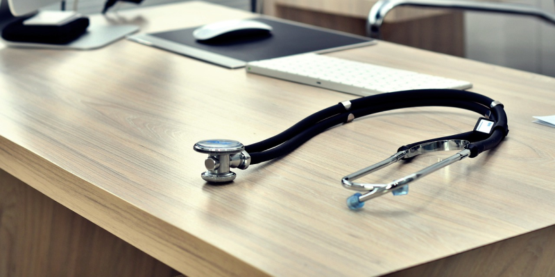 Image of a desk with computer and stethoscope