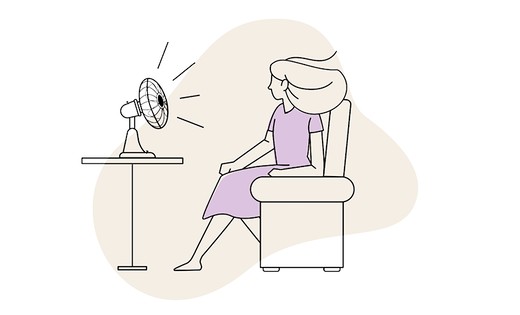 Illustration of lady sat in a chair facing an electric fan