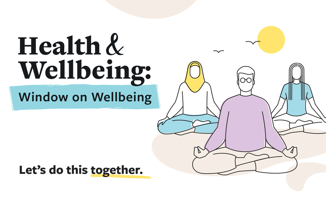 Health and wellbeing, lets do this together. Illustration of 3 people sitting down meditating